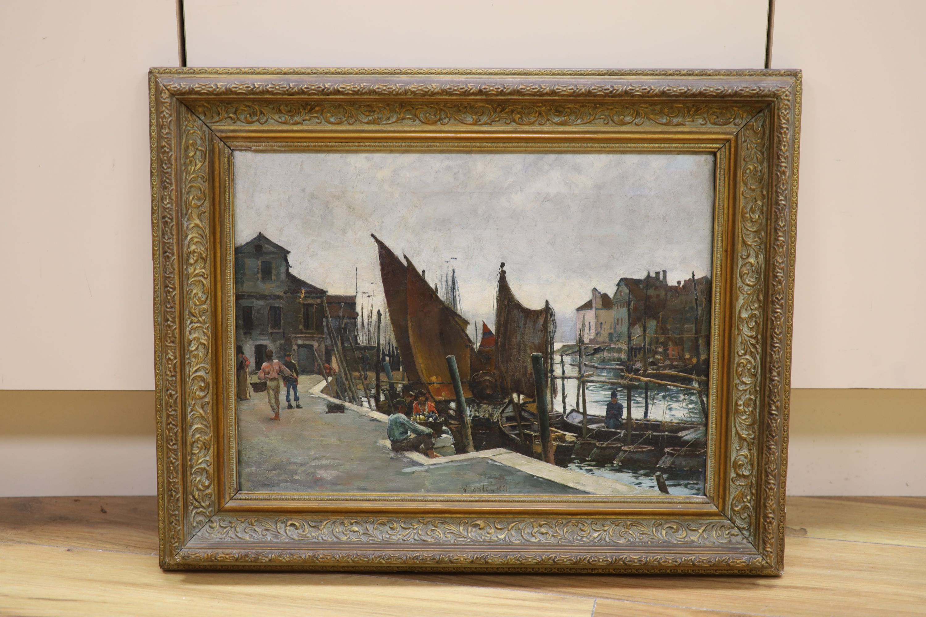 William Logsdail (1859-1944), oil on canvas, The docks at Antwerp, signed and DATED 1881, 30 x 41cm